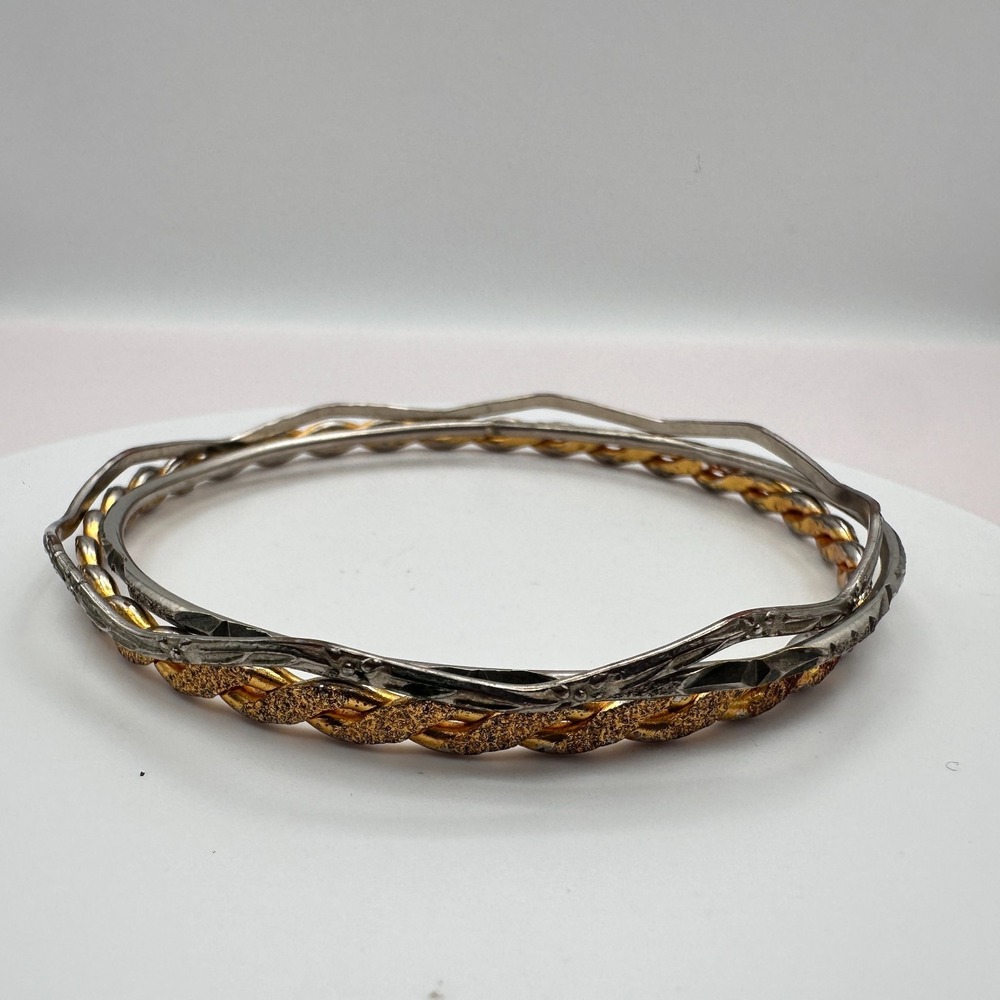 Vintage Y2K Silver/Gold Tone Textured Stackable Bangle Set Women's Jewelry Boho